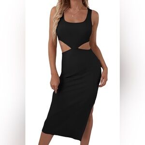 Black Cut Out Waist Split Side Square Neck Midi Bodycon Tank Dress